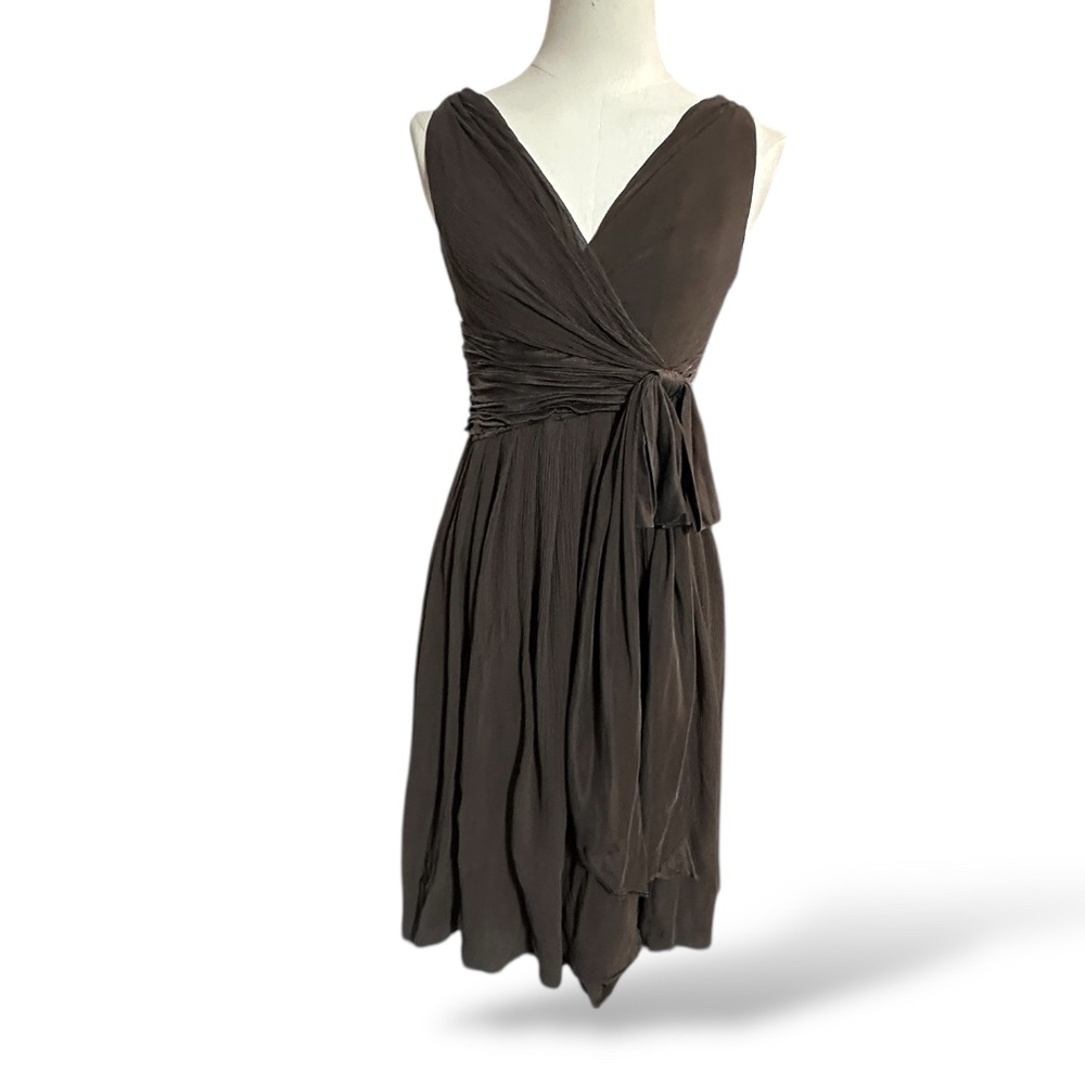 Y2K Maggy London Brown Sleeveless Silk‎ Midi Dress women’s size 4p (G45)